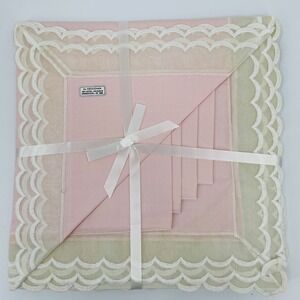 Abouchar Vintage Tablecloth & Napkins Pink scalloped Cotton. Flaw Please Read.